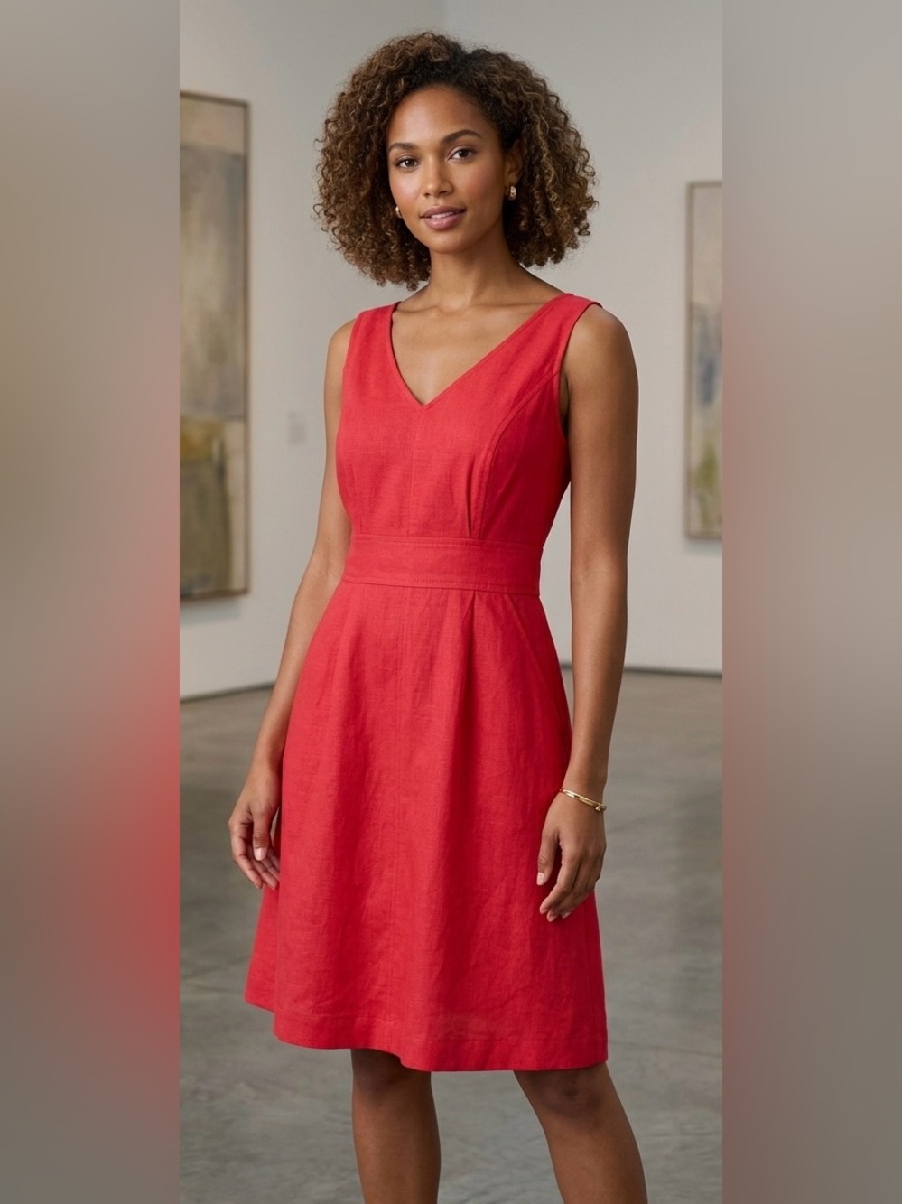 Joie Red 100% Linen V-Neck Midi Dress | Smocked Back & Pleated Waist | Size 4